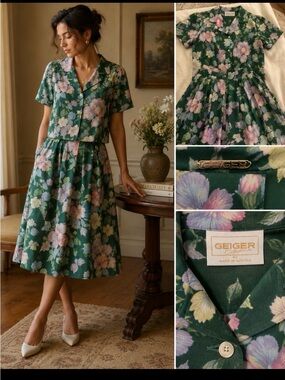 Gerber Green Floral Midi Dress with Pink & Lavender Blooms